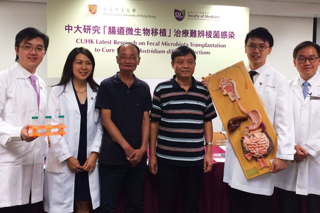 Chinese University medics pose with two patients who took part in the study. Photo: SCMP Pictures
