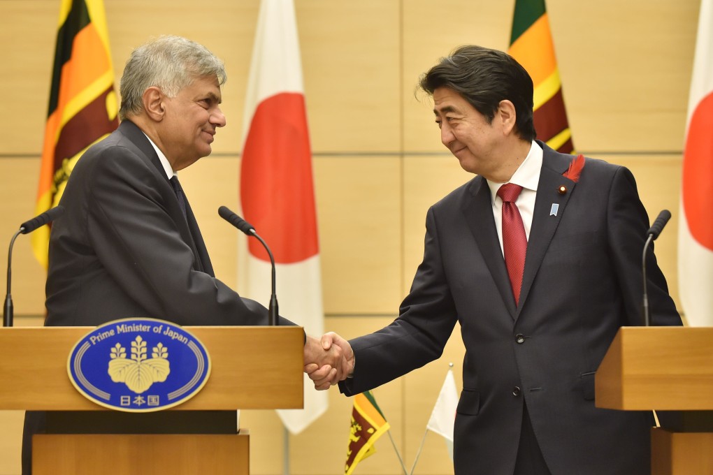 Sri Lankan Prime Minister Ranil Wickremesinghe and Japanese counterpart Shinzo Abe in Tokyo. Sri Lanka is trying to put more emphasis on ties with Japan, which dovetails with Abe’s hope to counter a rising China.  Photo: AP