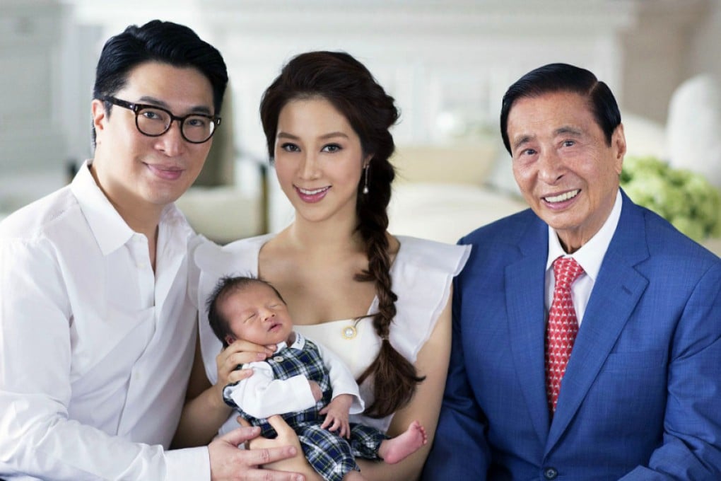 Tycoon Lee Shau-kee (right) with his son, Martin Lee, wife Cathy Tsui and their new child. Photo: SCMP Pictures