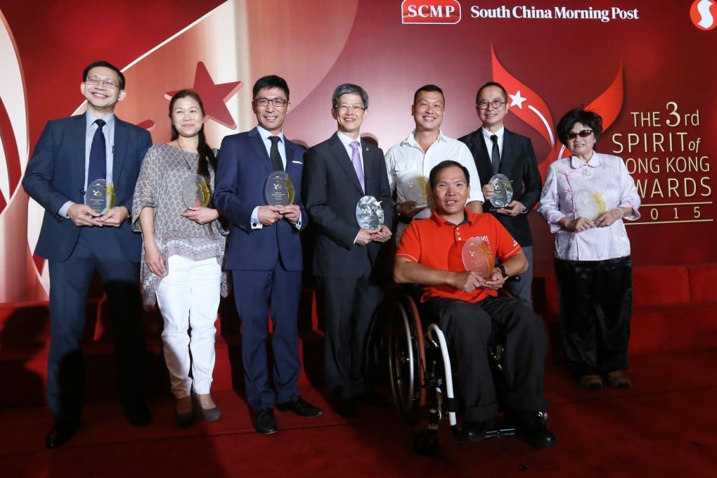 Collecting their awards at the Conrad Hotel in Admiralty last night are (from left) Chan Ching-kooi (on behalf of Ko Cheung-chuen), May Yam, Professor Ronald Li, Ivan Yiu (on behalf of iBakery), Chan Kwong-hing, Foo Yuen-wai, Ricky Yu and Tong Siu-yin. Photo: Dickson Lee