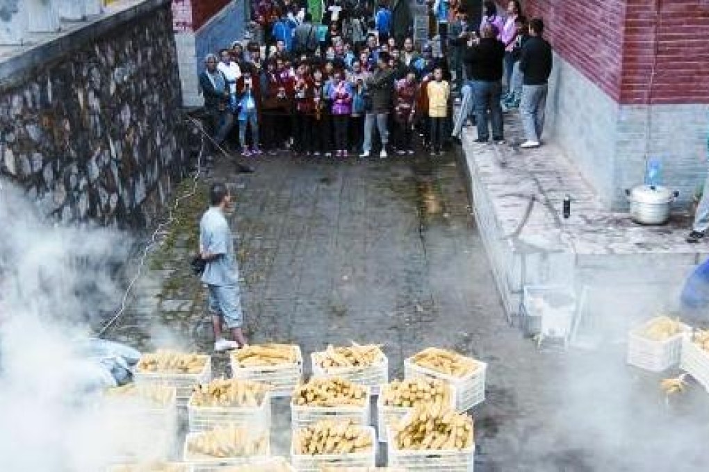 Visitors to the Shaolin Temple in Henan province were given a taste of the monk's organic corn. Photo: Henan Business Daily