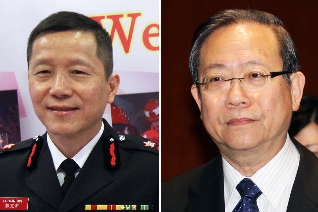 Fire services chief David Lai (left) and security minister Lai Tung-kwok did not look kindly on the alleged behaviour of some firemen. Photos: Edward Wong, May Tse