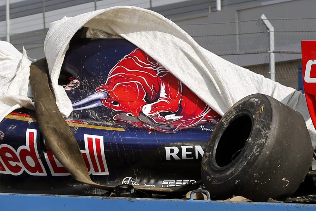 The mangled car of Carlos Sainz. The Spaniard was ok. Photo: AFP