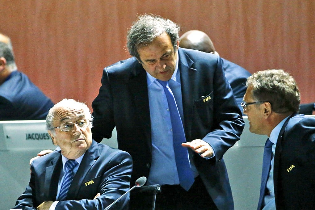 FIFA President Sepp Blatter (Left), UEFA President Michel Platini (Centre) and Secretary General of the FIFA, Jerome Valcke, spoke at the 65th FIFA Congress in Zurich in May. Photo: Reuters