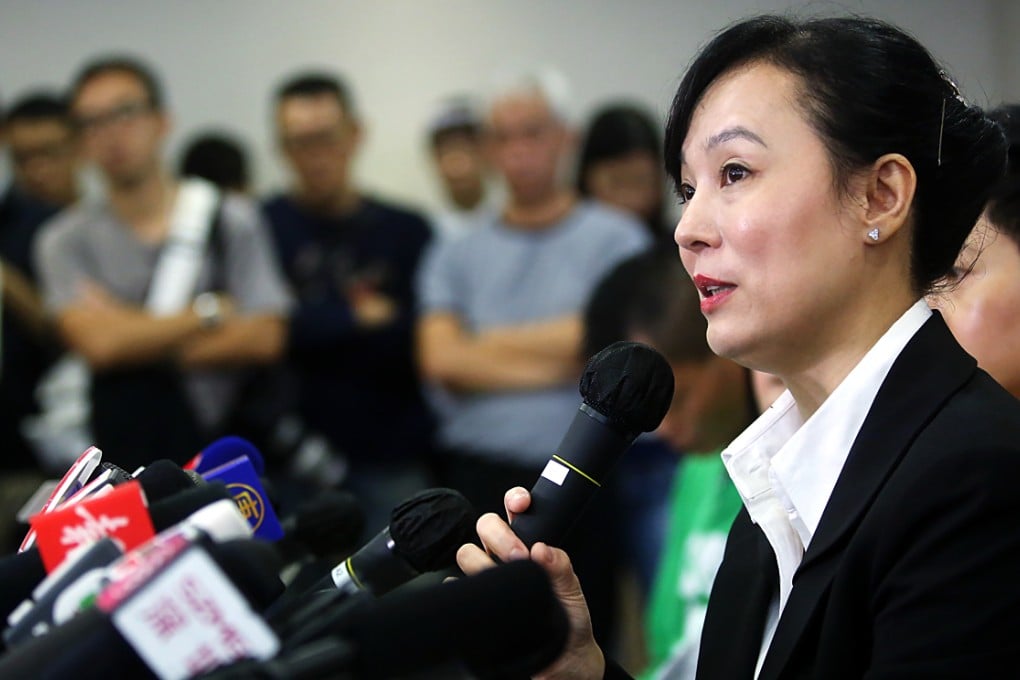 Mary Jean Reimer addresses a press conference on what she has discovered about Ting Wai Monastery. Photo: Sam Tsang