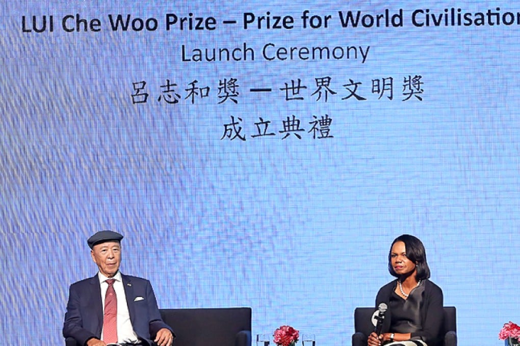 Hong Kong tycoon Lui Che-woo (left) and former US Secretary of State Condoleezza Rice (right) launched the Lui Che Woo "Prize for World Civilisation" last month. Photo: Sam Tsang