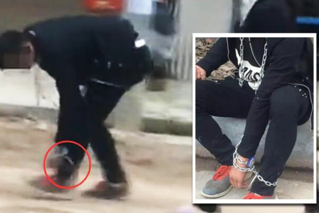 Still images of a Chinese boy being paraded in chains through the street in Zhejiang province, reportedly as a punishment for running away. Photo: SCMP Pictures