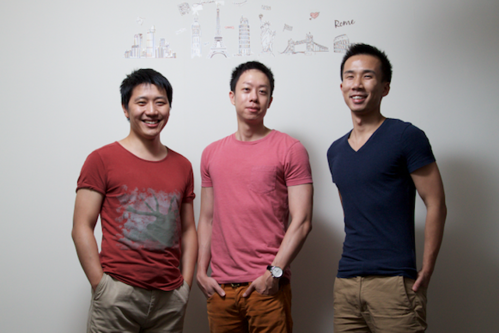 From left to right: Bernie Xiong, Eric Gnock Fah and Ethan Lin, co-founders of Klook, pose for a photograph at their office in Hong Kong. Photo: SCMP Pictures