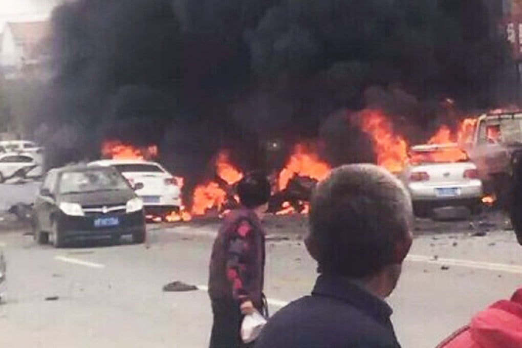 The car blast took place in the Chinese city of Penglai, in Shandong province, at 8am as many people were shopping at the nearby market. Photo: SCMP Pictures