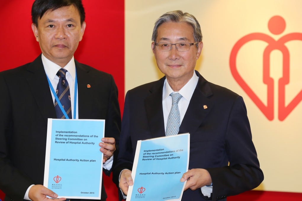 The Hospital Authority's chief executive Leung Pak-yin (left) and chairman John Leong speak up on the pay rise. Photo: Edward Wong