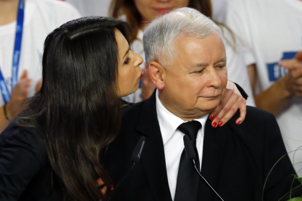 Jaroslaw Kaczynski is kissed by his niece Marta after the exit poll results are announced in Warsaw.  Photo: Reuters