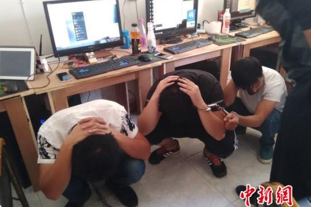 Three of the suspects arrested by the police in Hubei province. They used software on WeChat to distort their location and pose as prostitutes to get clients' contact information. Photo: Chinanews.com