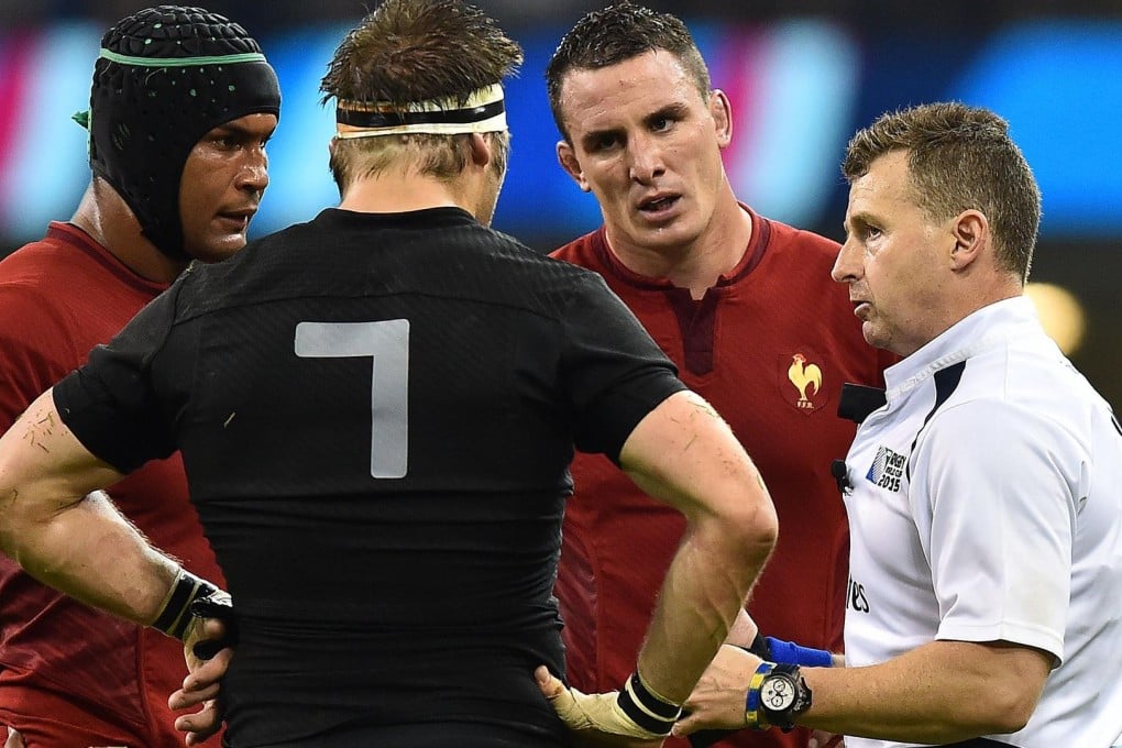 Nigel Owens during the All Blacks-France quarter-final. Owens is known for keeping the game moving, his decisions are never questioned and he communicates well with players. Photos: AFP