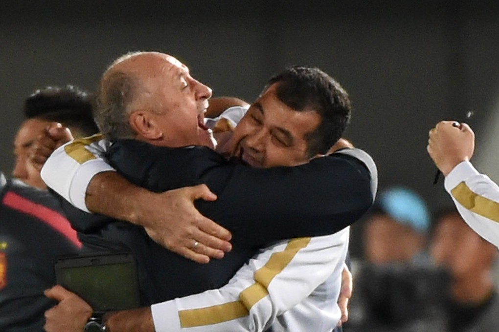Guangzhou Evergrande coach Luiz Felipe Scolari celebrates his first Chinese Super League crown. Photo: Xinhua