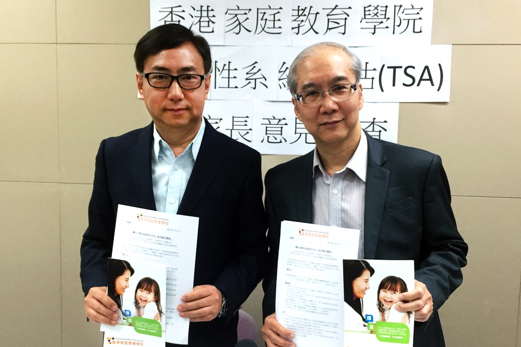 Tik Chi-yuen (left) and Christopher Yu from the Hong Kong Institute of Family Education with the survey results. Photo: SCMP Pictures
