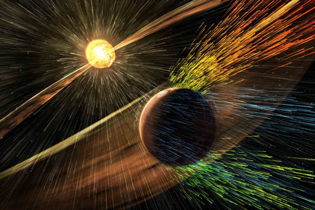 An undated artist's rendering depicts a solar storm hitting Mars and stripping ions from the planet's upper atmosphere. Photo: Reuters