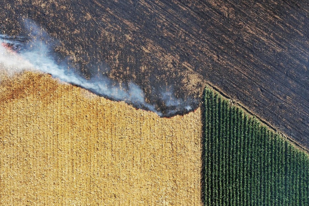 A picture taken by a drone shows burning stubble in Hebei province. Photo: ChinaFotoPress