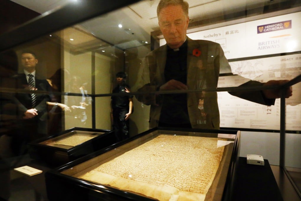 This 1217 copy of the Magna Carta is on display in Hong Kong. Photo: Sam Tsang