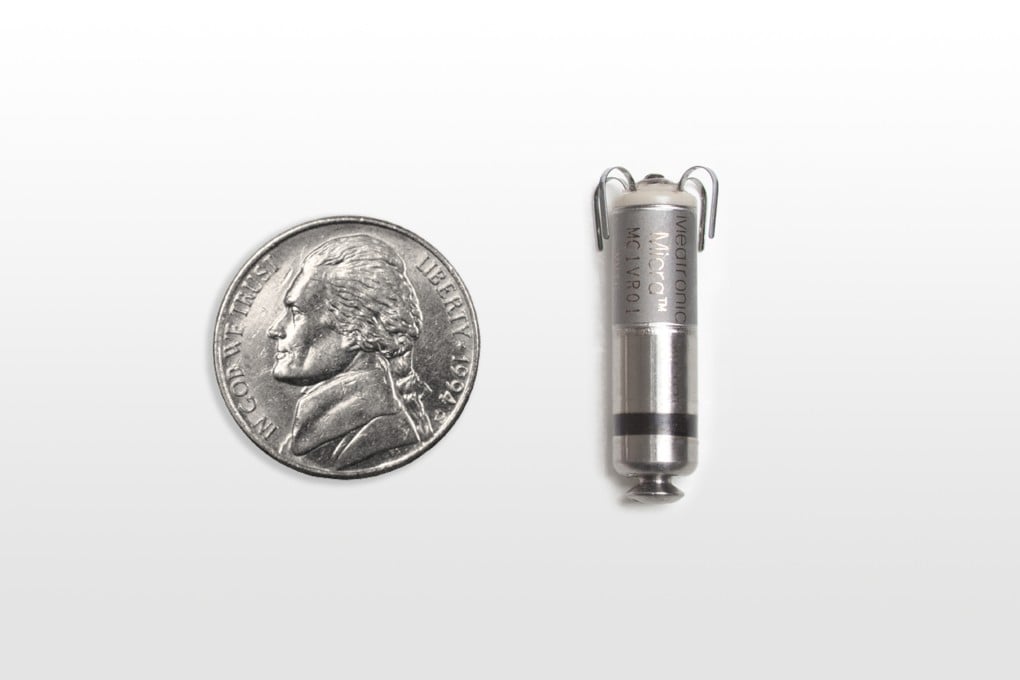 A Medtronic Micra pacemaker next to a US nickel. Photo: Medtronic/AP