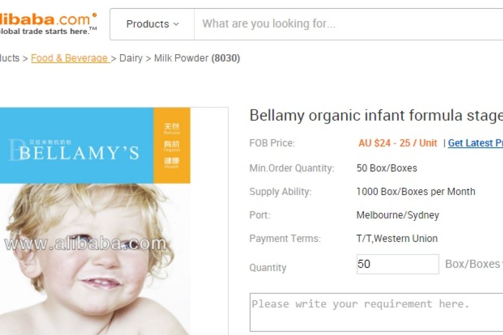 A listing on Alibaba says the seller can ship the milk powder in bulk from Melbourne, Australia. Photo: SCMP Picture