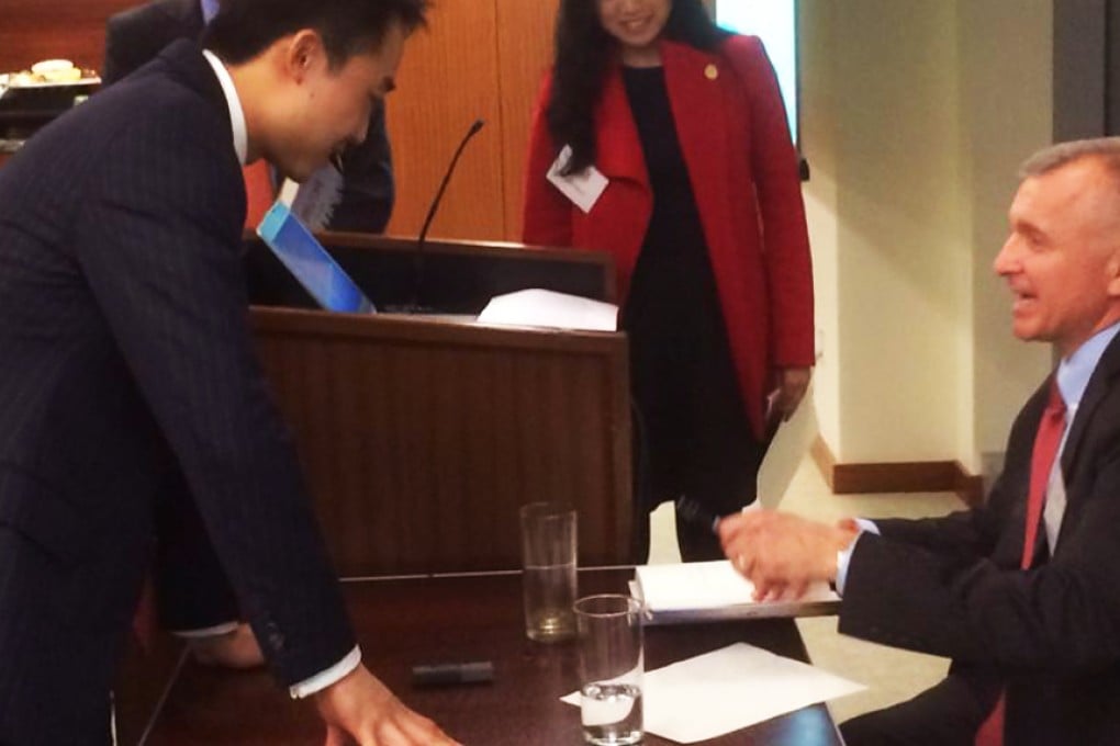 Bo Guagua (left) pictured with Thomas J. Christensen, former US deputy assistant secretary of state for East Asian and Pacific Affair at the book signing on Tuesday. Photo: Voice of America