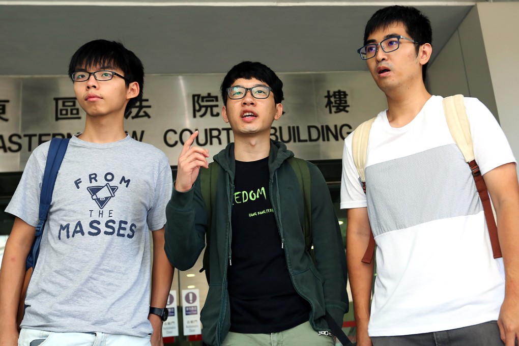 (From left) Joshua Wong Chi-fung, Nathan Law Kwun-chung and Alex Chow Yong-kang arrive Eastern Court for the pre-trial review in October, 2015. It takes courage and commitment for students to throw themselves into the dark and dirty valley of politics. Photo: Edward Wong