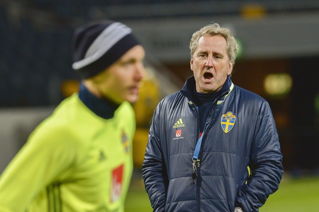 Swedish national soccer team coach Erik Hamren (right) leads a training session in Stockholm. Photo: EPA