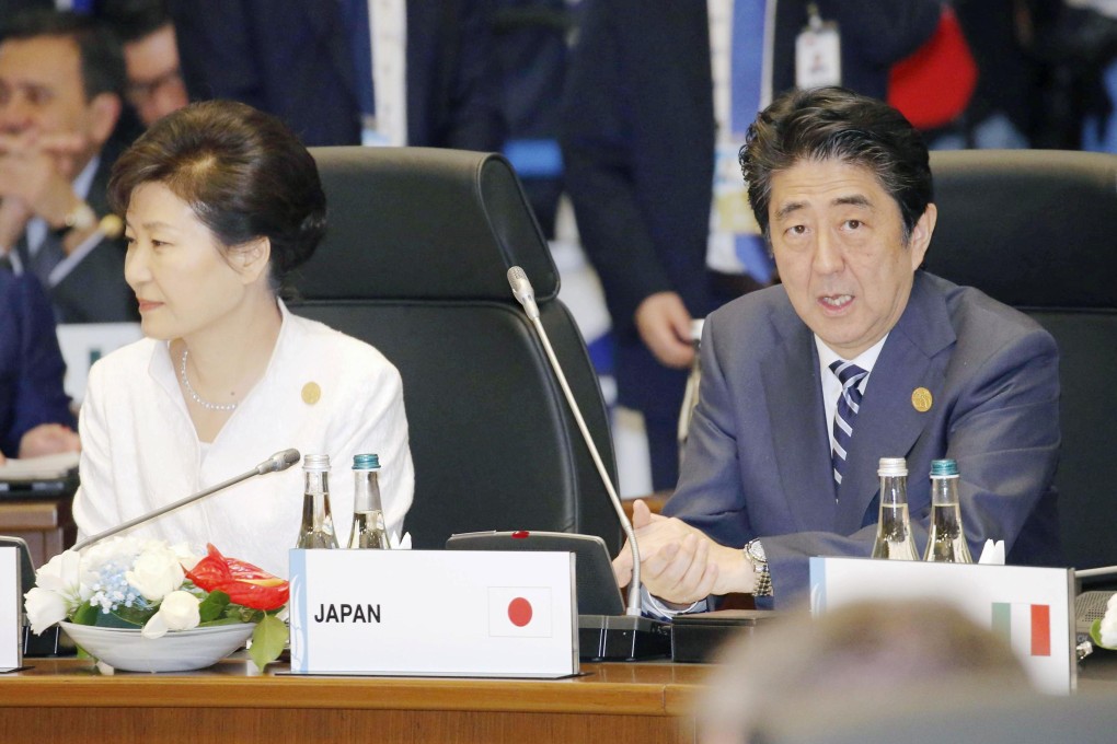 South Korean President Park Geun Hye, and Japan's Shinzo Abe at the G20 summit. China's maritime claims remain a sticking point with Seoul and Tokyo. Photo: Kyodo