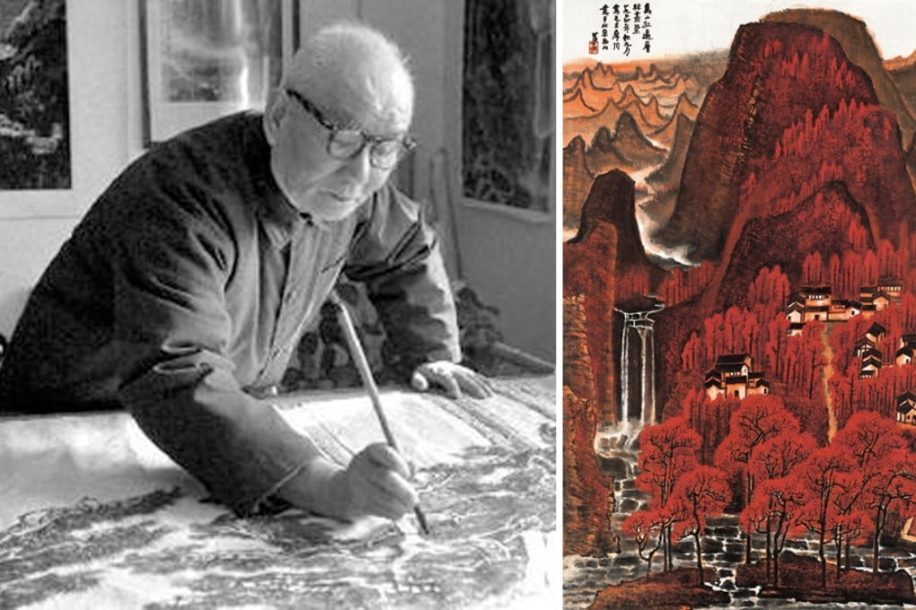 Li Keran, in his studio, and his Landscape in Red, that was inspired by a poem by Chairman Mao Zedong. Photo: China.huanqiu