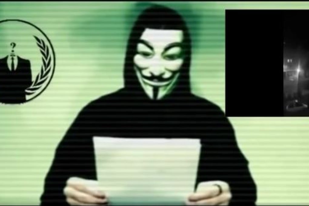 A scene from the Anonymous hacking group's declaration of "war" on the Islamic State in response to the Paris terror attacks. Photo: YouTube