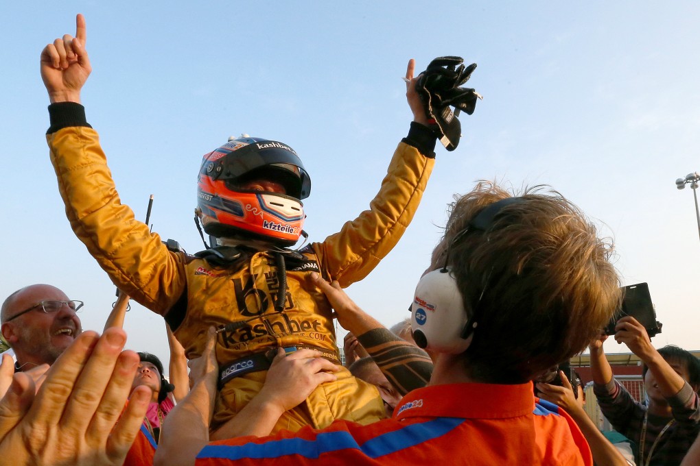 Champion Felix Rosenqvist celebrates after winning the Formula 3 Macau Grand Prix Final during the 61st Macau Grand Prix. Photo: K.Y. Cheng