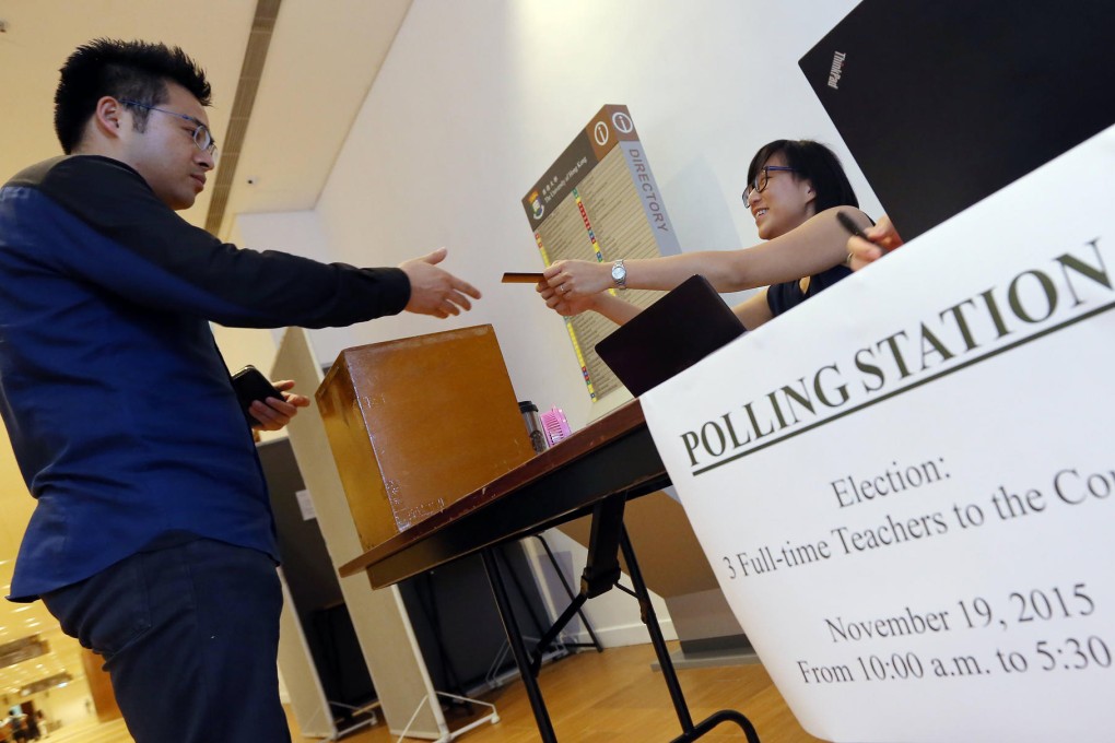 Polling takes place yesterday among HKU staff for three places on the university's governing council. Voters could pick from eight candidates.Photo: Felix Wong