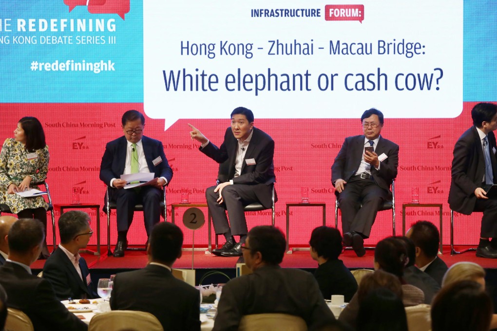 Panel members at yesterday's debate on the pros and cons of the Hong Kong-Zhuhai-Macau bridge project.Photo: Jonathan Wong
