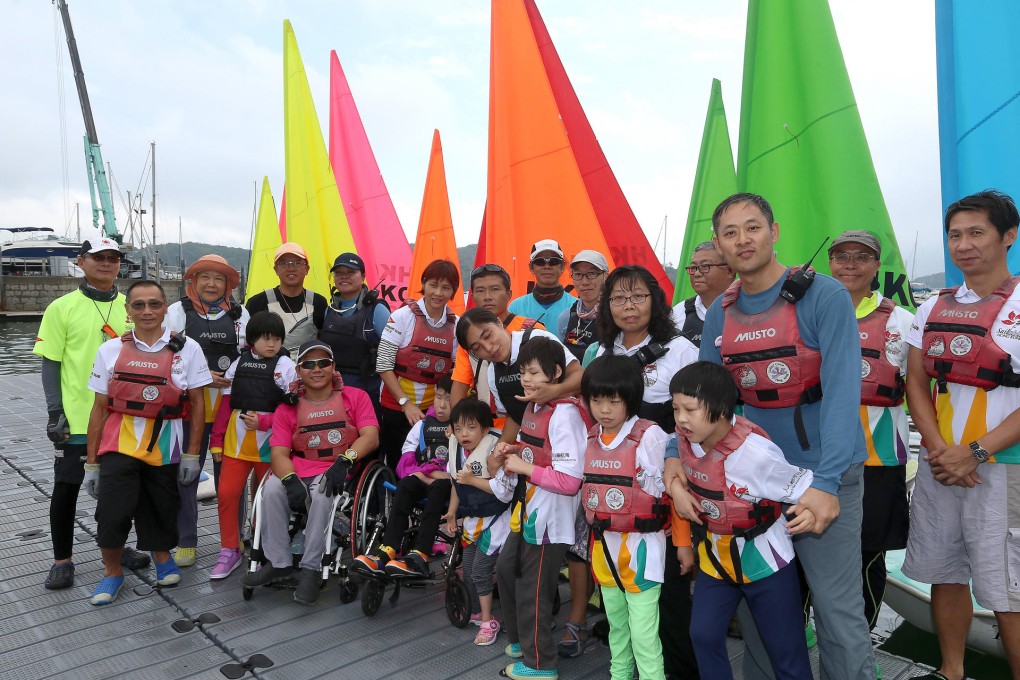 Students from Caritas Lok Kan School gather to try sailing with the Hebe Haven Sailability Trust in Sai Kung, which caters to people with disabilities.Photo: K. Y. Cheng