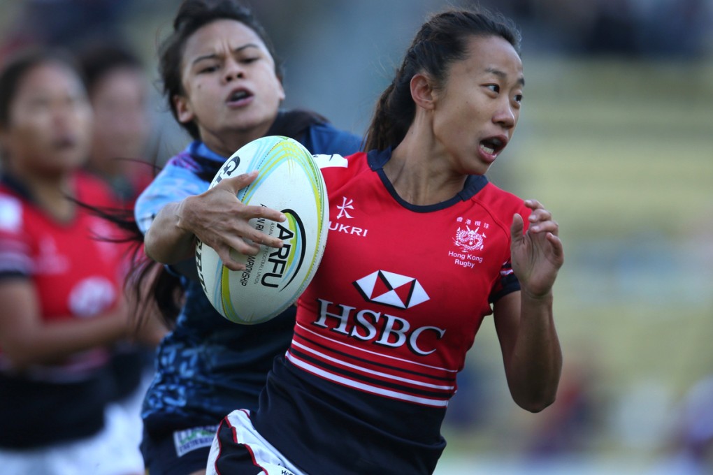Chong Ka-yan makes a break during Hong Kong’s 38-0 win over Guam on day one of the Asia Rugby Sevens Qualifier second leg in Tokyo. Photos: HKRU