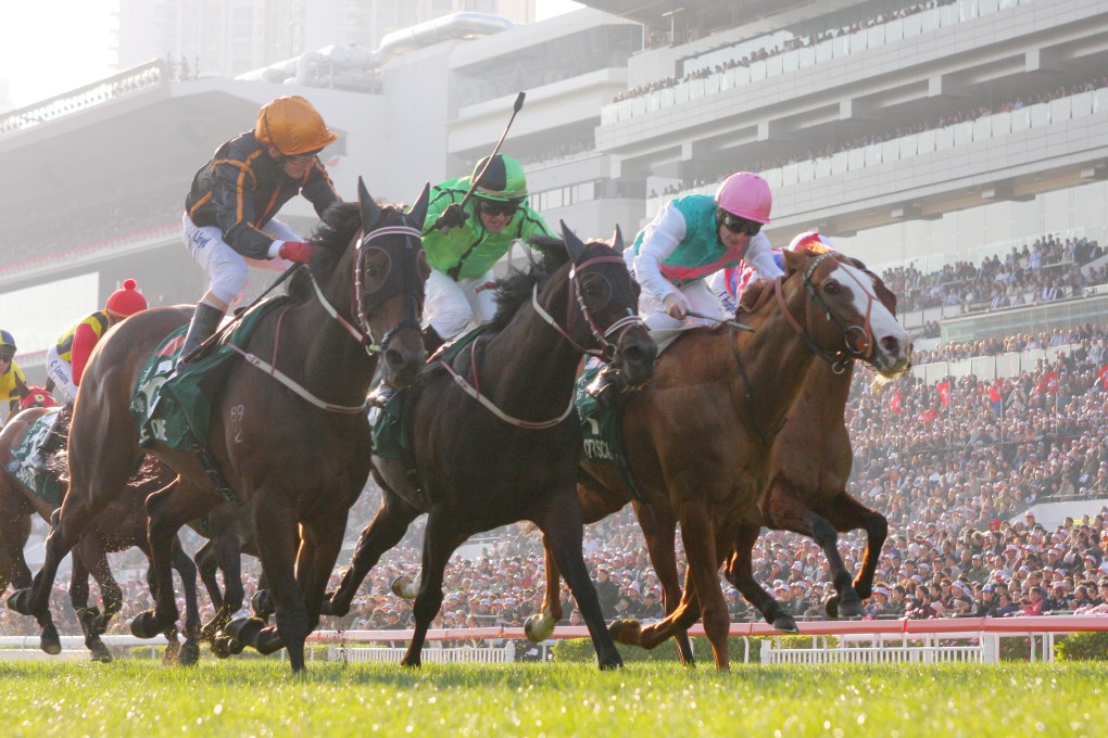 Able One just hold off Cityscape and Xtension in a blanket finish to win the Hong Kong Mile. Photo: Kenneth Chan