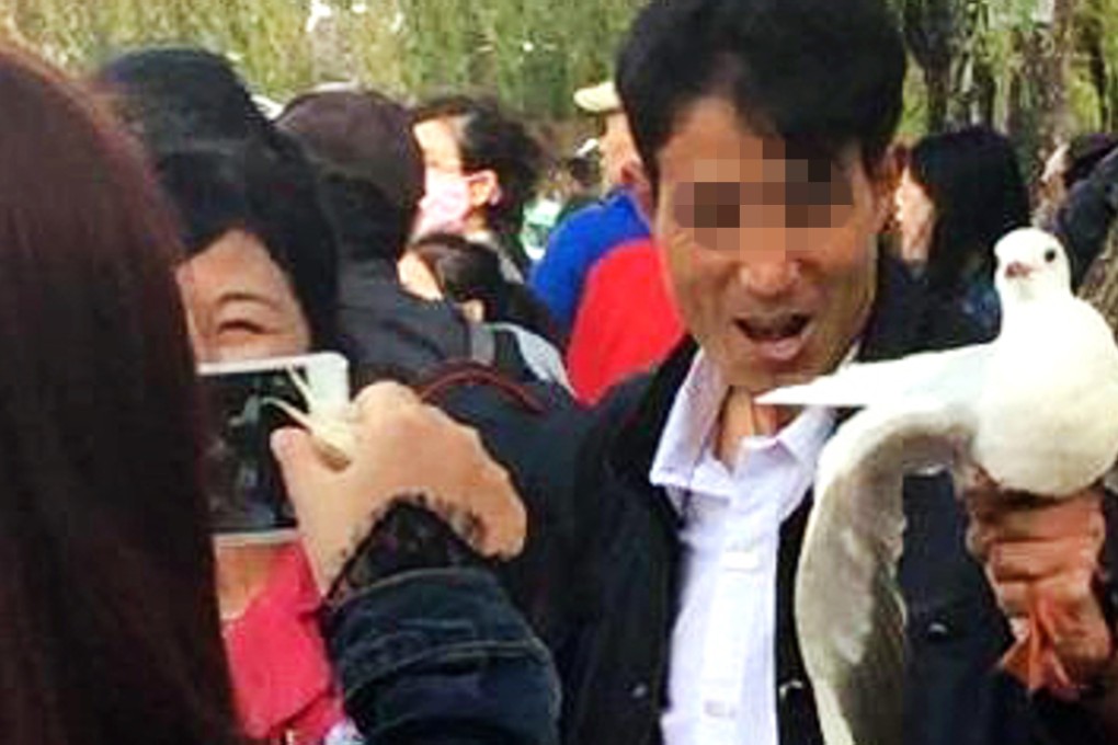 A mainland tourist poses for a selfie after a grabbing a red-billed gull at Kunming’s Cuihu Park. Photo: SCMP Pictures