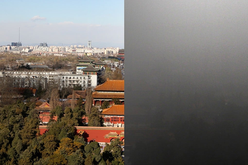 A combo photo shows a view of the Forbidden City from the top of Jingshan Park, in which the city is under blue sky (left) on December 2, and covered by serious smog on December 1 (right). Photo: Simon Song