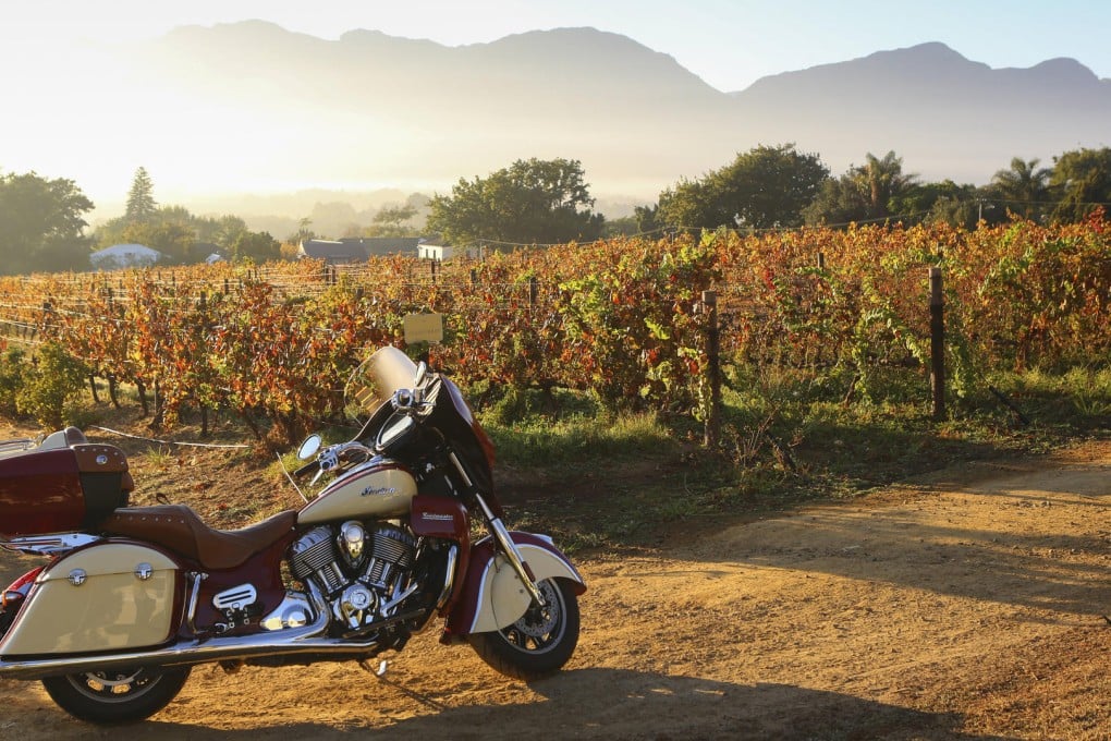 Writer Christopher Baker's Indian Roadmaster at Grande Roche Hotel, Paarl, in South Africa.