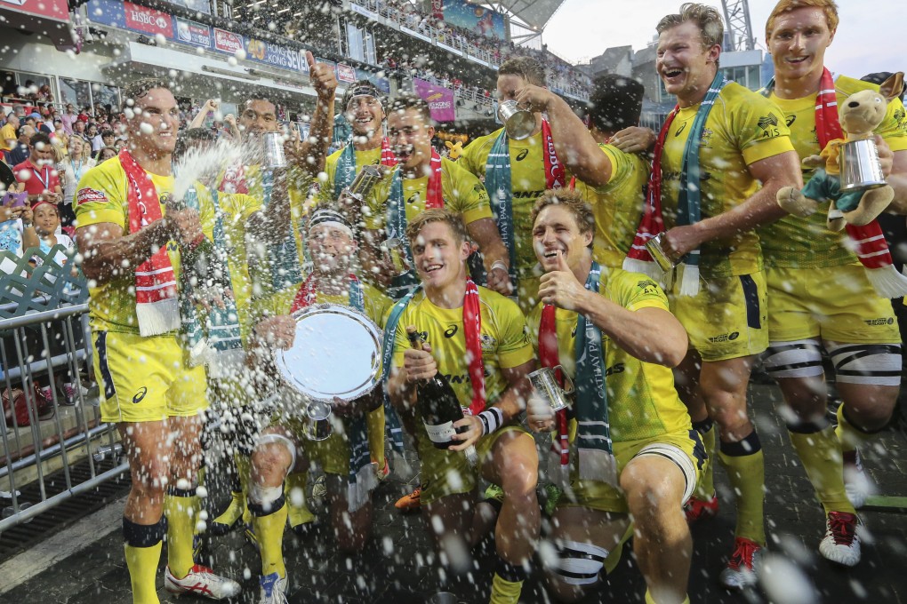 Australia celebrate winning the Plate final over United States 21-17 at the 2015 Hong Kong Sevens in March. Photo: Sam Tsang/SCMP