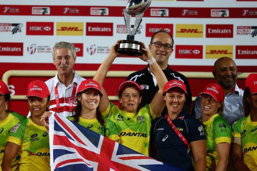 Australia celebrate winning the opening leg of the 2015-16 HSBC World Rugby Women’s Sevens Series in Dubai on Friday. The Aussies finished strongly in the final to beat Russia 33-12 in front of a packed house at 7he Sevens Stadium. Photo: Martin Seras Lima/World Rugby