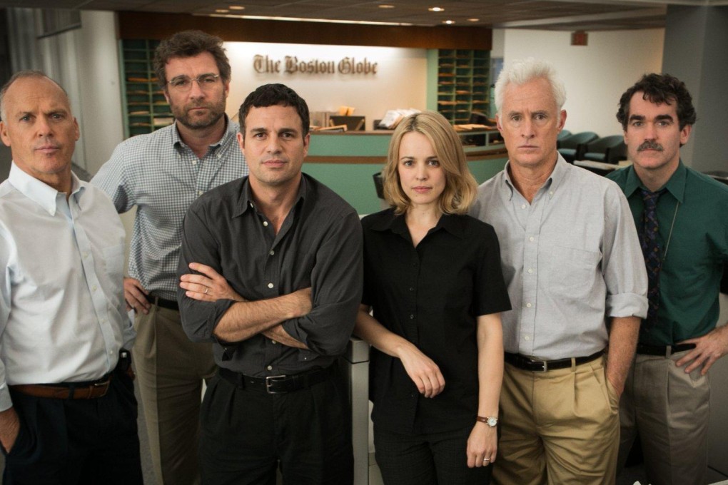 The cast of Spotlight includes (from left) Michael Keaton, Liev Schreiber, Mark Ruffalo, Rachel McAdams, John Slattery and Brian d’Arcy James. Photos: Open Road Films; AFP