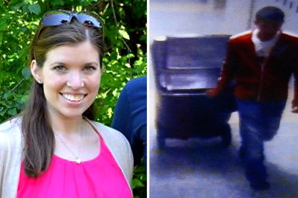 Massachusetts high school teacher Colleen Ritzer (left) in a family photo. On the right, her student Philip Chism is shown wheeling her body through the school in a bin, after he raped and murdered her. Photos: CNN/AP