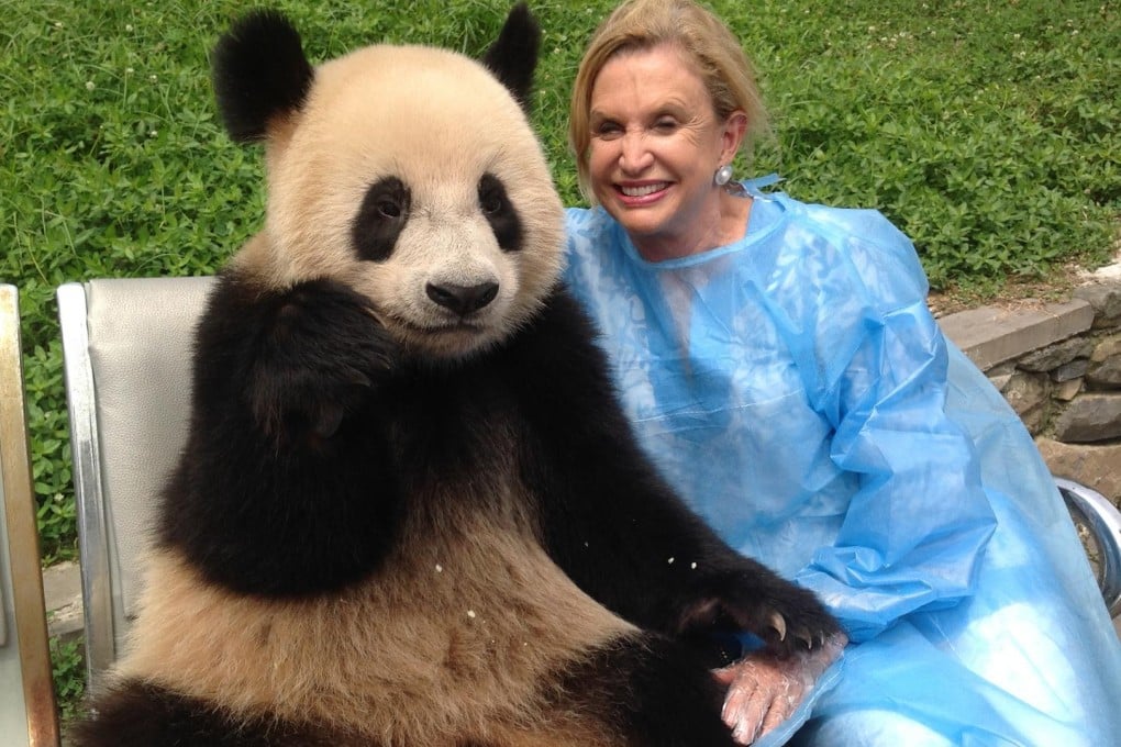 Congresswoman Carolyn Maloney with a giant panda, in Sichuan.