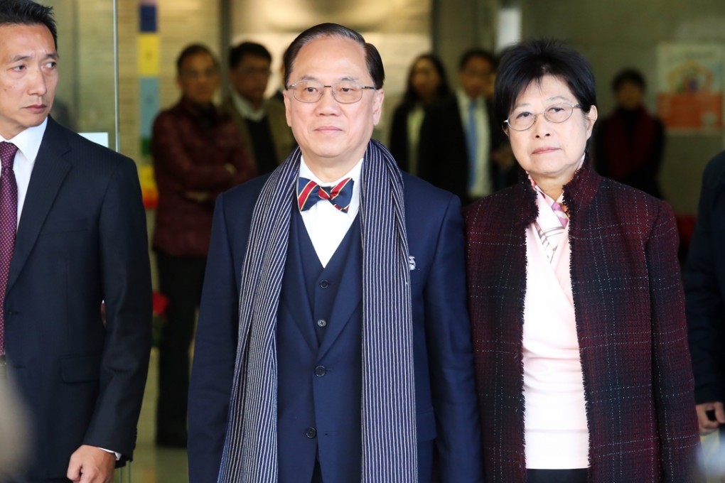 Former Hong Kong chief executive Donald Tsang and his wife Selina Tsang Pou Siu-mei, outside court earlier this month. Photo: David Wong