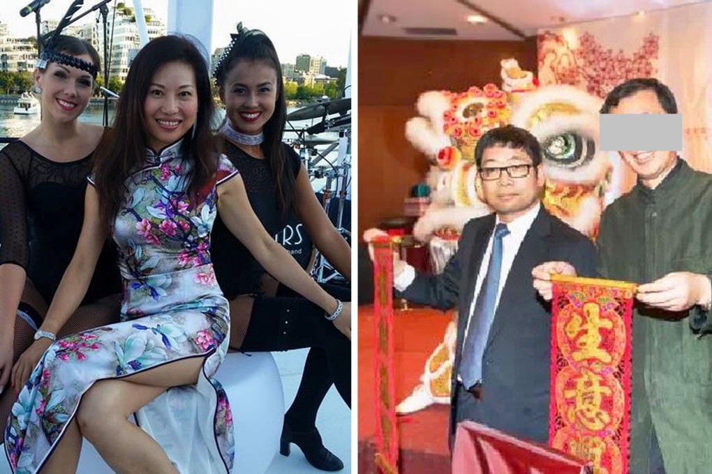 A combination photo shows Sun Commercial Real Estate vice-president Julia Lau (left, centre) with performers at a Great Gatsby themed party held by the firm last summer in Vancouver; and Jason Liu, CEO of Luxmore Realty, at a Vancouver "crowdfunding gala" last year. The man with Liu is unidentified. Photos: Facebook, Luxmore