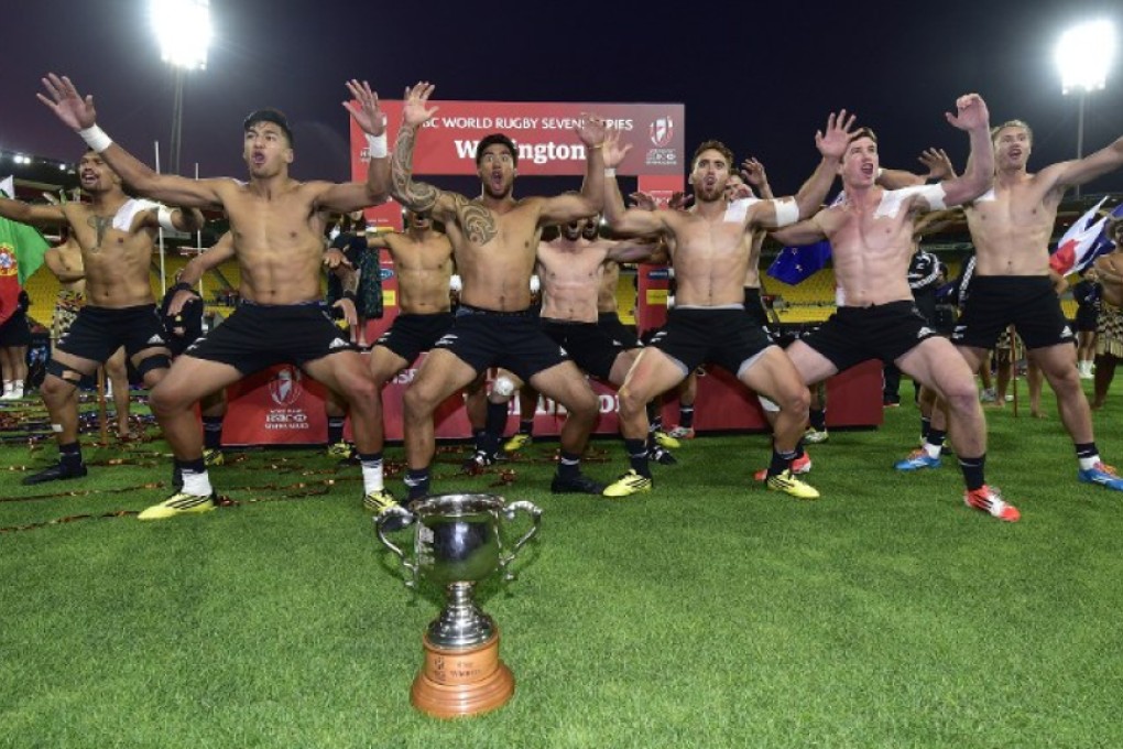 The All Blacks Sevens perform a haka to celebrate beating South Africa 24-21 in a nail-biting finish to the Wellington Sevens. Photos: AFP