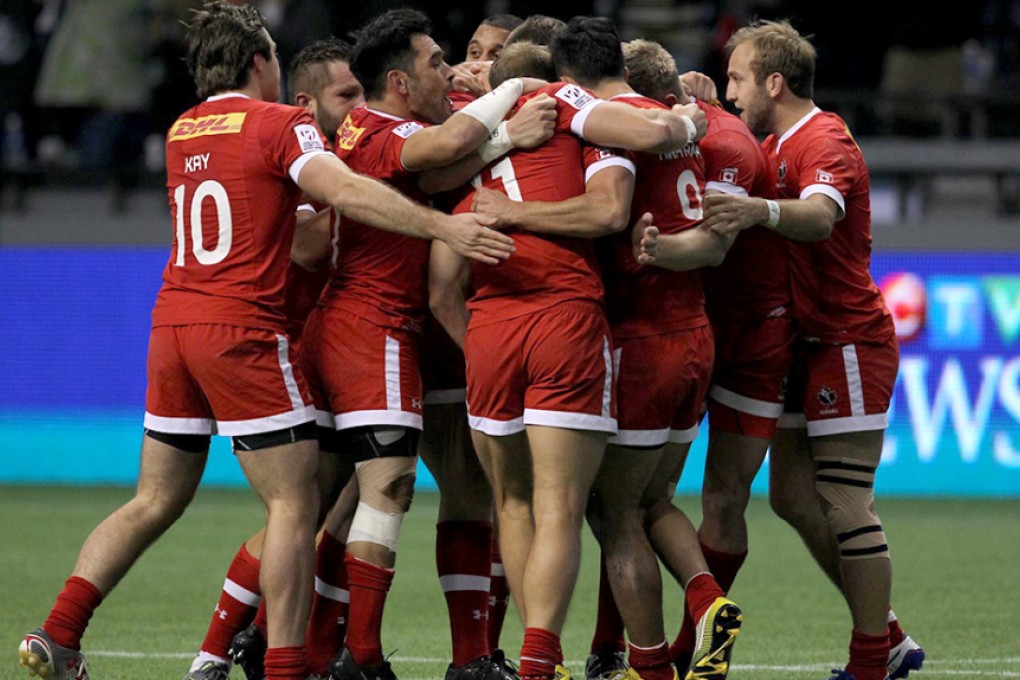 Canada celebrate beating Australia for the first time since 2012 after a last-play converted try gives them a 14-12 pool win in Vancouver on Saturday. Photo: World Rugby