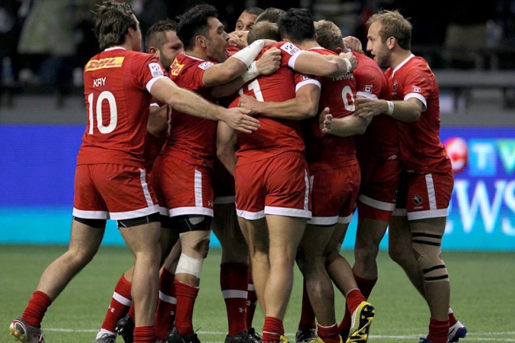 Canada celebrate beating Australia for the first time since 2012 after a last-play converted try gives them a 14-12 pool win in Vancouver on Saturday. Photo: World Rugby