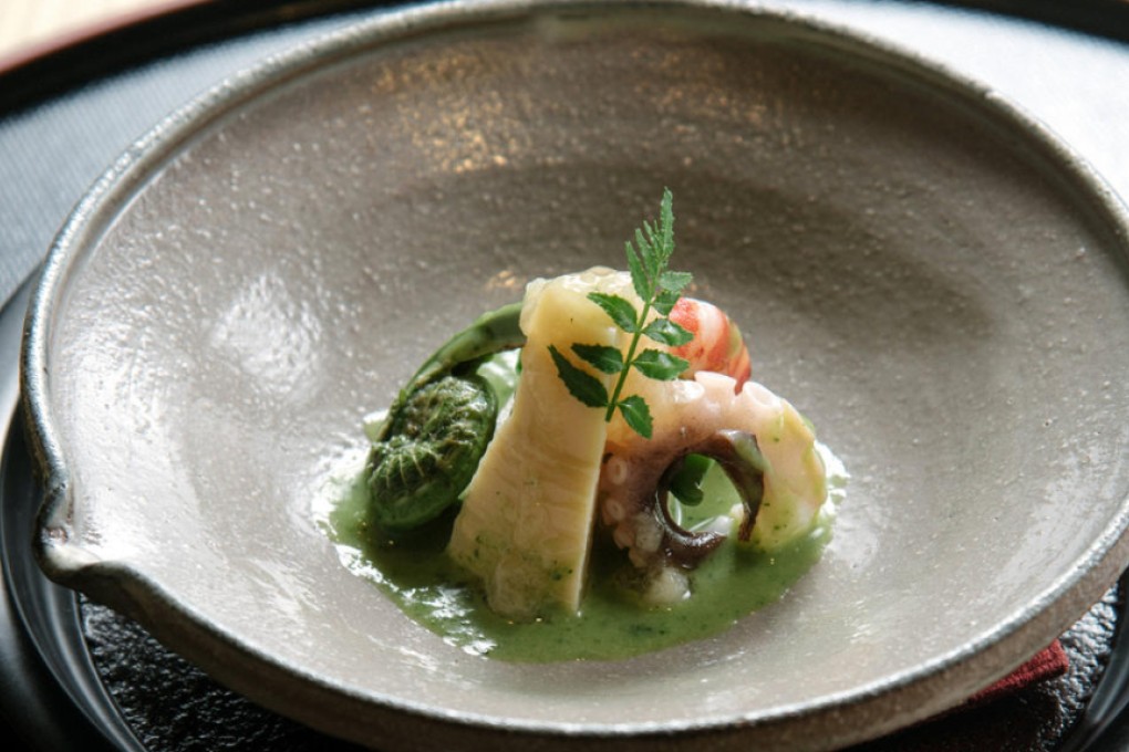 Baby octopus with bamboo shoots, peas, kinome and miso atWagyu Kaiseki Den. Photo: Gary Ng